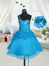 Top Selling Baby Blue A-line Sweetheart Sleeveless Organza Knee Length Lace Up Beading and Hand Made Flower Little Girl Pageant Gowns