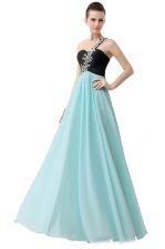  One Shoulder Floor Length Zipper Prom Dress Blue And Black for Prom with Beading and Ruffles