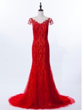  Mermaid Lace Red Prom Gown Prom and Party with Beading and Appliques Scoop Cap Sleeves Brush Train Zipper