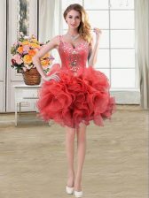  Straps Coral Red Organza Lace Up Prom Party Dress Sleeveless Mini Length Beading and Ruffles