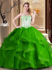Fantastic Green and Fuchsia Tulle Lace Up Strapless Sleeveless Floor Length 15th Birthday Dress Embroidery