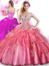  Coral Red Lace Up Sweetheart Beading and Appliques 15th Birthday Dress Organza Sleeveless
