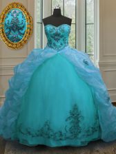 Simple Aqua Blue Lace Up 15 Quinceanera Dress Beading and Appliques and Pick Ups Sleeveless With Train Court Train