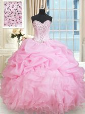  Rose Pink Sleeveless Beading and Ruffles and Pick Ups Floor Length Quinceanera Dress
