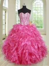 Fantastic Hot Pink Quince Ball Gowns Military Ball and Sweet 16 and Quinceanera with Beading and Ruffles Sweetheart Sleeveless Lace Up