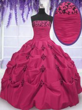  Hot Pink Strapless Neckline Embroidery and Pick Ups Quinceanera Dresses Sleeveless Lace Up