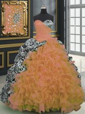 Lovely Orange Ball Gowns Sweetheart Sleeveless Organza and Printed With Brush Train Lace Up Beading and Ruffles and Pattern Sweet 16 Dresses