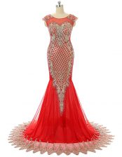 Sweet Scoop Beading and Lace Red Zipper Sleeveless Brush Train