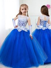  Royal Blue Flower Girl Dress Party and Quinceanera and Wedding Party with Beading and Lace and Belt Scoop Sleeveless Lace Up