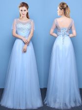 Captivating Scoop Short Sleeves Lace Up Dress for Prom Light Blue Tulle
