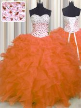  Organza Sweetheart Sleeveless Lace Up Beading and Ruffles 15 Quinceanera Dress in Orange Red