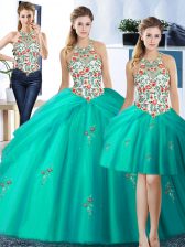 Chic Three Piece Halter Top Sleeveless Floor Length Embroidery and Pick Ups Lace Up Sweet 16 Quinceanera Dress with Turquoise