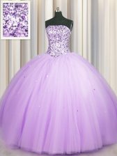 Glittering Sequins Really Puffy Floor Length Lavender Quinceanera Dress Strapless Sleeveless Lace Up