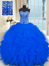 Fantastic Organza Strapless Sleeveless Lace Up Beading and Ruffles Sweet 16 Quinceanera Dress in Royal Blue