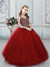 Custom Fit Straps Wine Red Sleeveless Floor Length Beading Lace Up Little Girls Pageant Dress Wholesale
