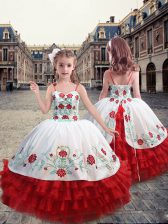 Fantastic Straps Embroidery and Ruffles Girls Pageant Dresses White and Red Lace Up Sleeveless Floor Length