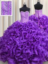  Sweetheart Sleeveless Quinceanera Gowns Floor Length Beading Eggplant Purple Fabric With Rolling Flowers