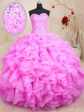  Rose Pink Lace Up Sweetheart Beading and Ruffles 15th Birthday Dress Organza Sleeveless