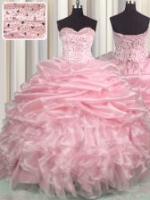 Elegant Baby Pink Organza Lace Up Sweet 16 Quinceanera Dress Sleeveless With Brush Train Beading and Ruffles and Pick Ups