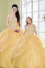  Gold Quinceanera Dress Military Ball and Sweet 16 and Quinceanera with Beading and Sequins Sweetheart Sleeveless Lace Up