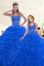 Traditional Blue Sweetheart Lace Up Beading and Ruffles Sweet 16 Dresses Sleeveless