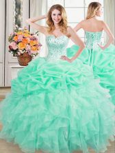 Fashion Sleeveless Floor Length Beading and Ruffles and Pick Ups Lace Up Sweet 16 Quinceanera Dress with Apple Green
