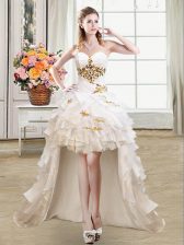 Traditional White Ball Gowns Sweetheart Sleeveless Organza High Low Lace Up Beading and Ruffles Prom Party Dress