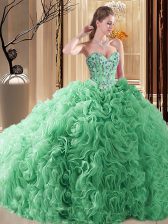  Turquoise Fabric With Rolling Flowers Lace Up Quinceanera Gown Sleeveless Court Train Embroidery and Ruffles