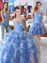 Stunning Three Piece Sleeveless Organza Floor Length Lace Up Sweet 16 Dress in Blue And White with Beading