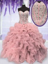  Pink Ball Gowns Organza Sweetheart Sleeveless Beading and Ruffles Floor Length Lace Up 15 Quinceanera Dress