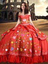  Red Ball Gowns Off The Shoulder Sleeveless Taffeta Floor Length Lace Up Embroidery and Bowknot Quinceanera Gown