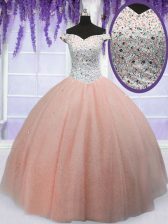 Top Selling Off the Shoulder Peach Lace Up 15th Birthday Dress Beading Short Sleeves Floor Length