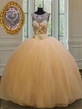Exceptional Scoop Gold Backless 15 Quinceanera Dress Beading and Appliques Sleeveless Floor Length