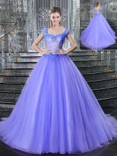 Elegant Lavender Straps Lace Up Beading Sweet 16 Dresses Brush Train Sleeveless