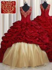  Lace Up Quinceanera Gown Red for Military Ball and Sweet 16 and Quinceanera with Beading and Appliques and Pick Ups Sweep Train