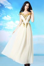 Shining Scoop Sequins and Ruching White Side Zipper Cap Sleeves Ankle Length