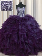 Trendy Visible Boning Bling-bling Sleeveless Organza With Brush Train Lace Up Ball Gown Prom Dress in Purple with Beading and Ruffles