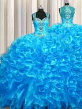 Attractive Zipper Up See Through Back With Train Zipper Vestidos de Quinceanera Baby Blue for Military Ball and Sweet 16 and Quinceanera with Beading and Ruffles