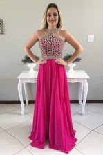  Halter Top With Train A-line Sleeveless Fuchsia Dress for Prom Sweep Train Zipper