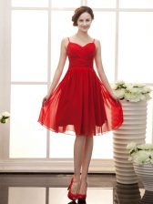 Glittering A-line Prom Dress Wine Red Spaghetti Straps Chiffon Sleeveless Knee Length Zipper