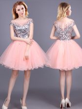 Pretty Pink A-line Tulle Off The Shoulder Short Sleeves Sequins Mini Length Zipper Vestidos de Damas