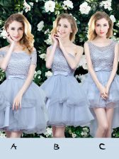  Grey Off The Shoulder Neckline Lace and Ruffles and Belt Court Dresses for Sweet 16 Sleeveless Lace Up