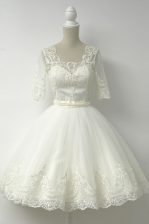  Square Half Sleeves Tulle Prom Gown Lace Zipper