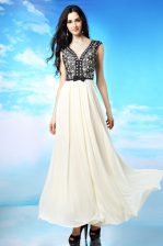 Lovely White And Black Chiffon Side Zipper V-neck Cap Sleeves Ankle Length Prom Party Dress Appliques and Bowknot