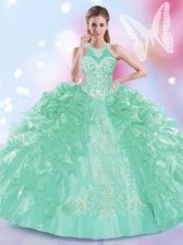  Halter Top Sleeveless Organza Sweet 16 Quinceanera Dress Appliques and Ruffles Lace Up