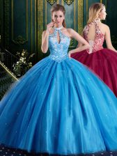 Beautiful Halter Top Baby Blue Ball Gowns Tulle High-neck Sleeveless Beading and Lace and Appliques Floor Length Lace Up Quinceanera Dress