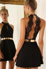 Sumptuous Halter Top Sleeveless Mini Length Belt Backless Prom Party Dress with Black