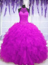 Noble High-neck Sleeveless Lace Up Quinceanera Dress Fuchsia Organza