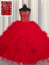  Visible Boning Red Tulle Lace Up Sweetheart Sleeveless Floor Length 15 Quinceanera Dress Beading and Ruffles and Sequins