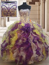 Pretty Multi-color Organza Lace Up Strapless Sleeveless Floor Length 15 Quinceanera Dress Beading and Ruffles